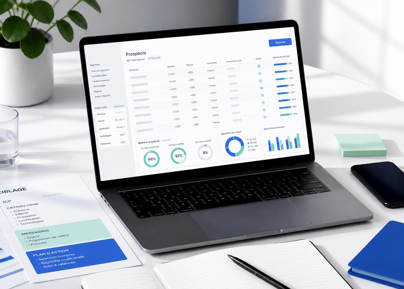 Tableau de données de prospection B2B avec indicateurs de qualité